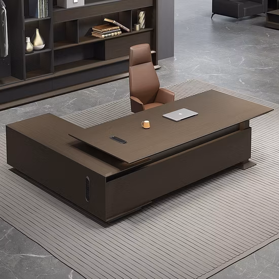 Hochwertiger, luxuriöser, moderner L-förmiger Bürotisch aus Leder und Holz für Direktoren, Manager, CEO, Geschäftsführer